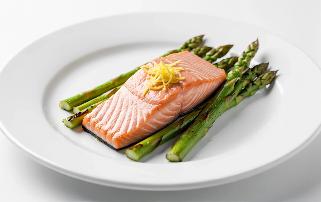 Poached salmon and asparagus